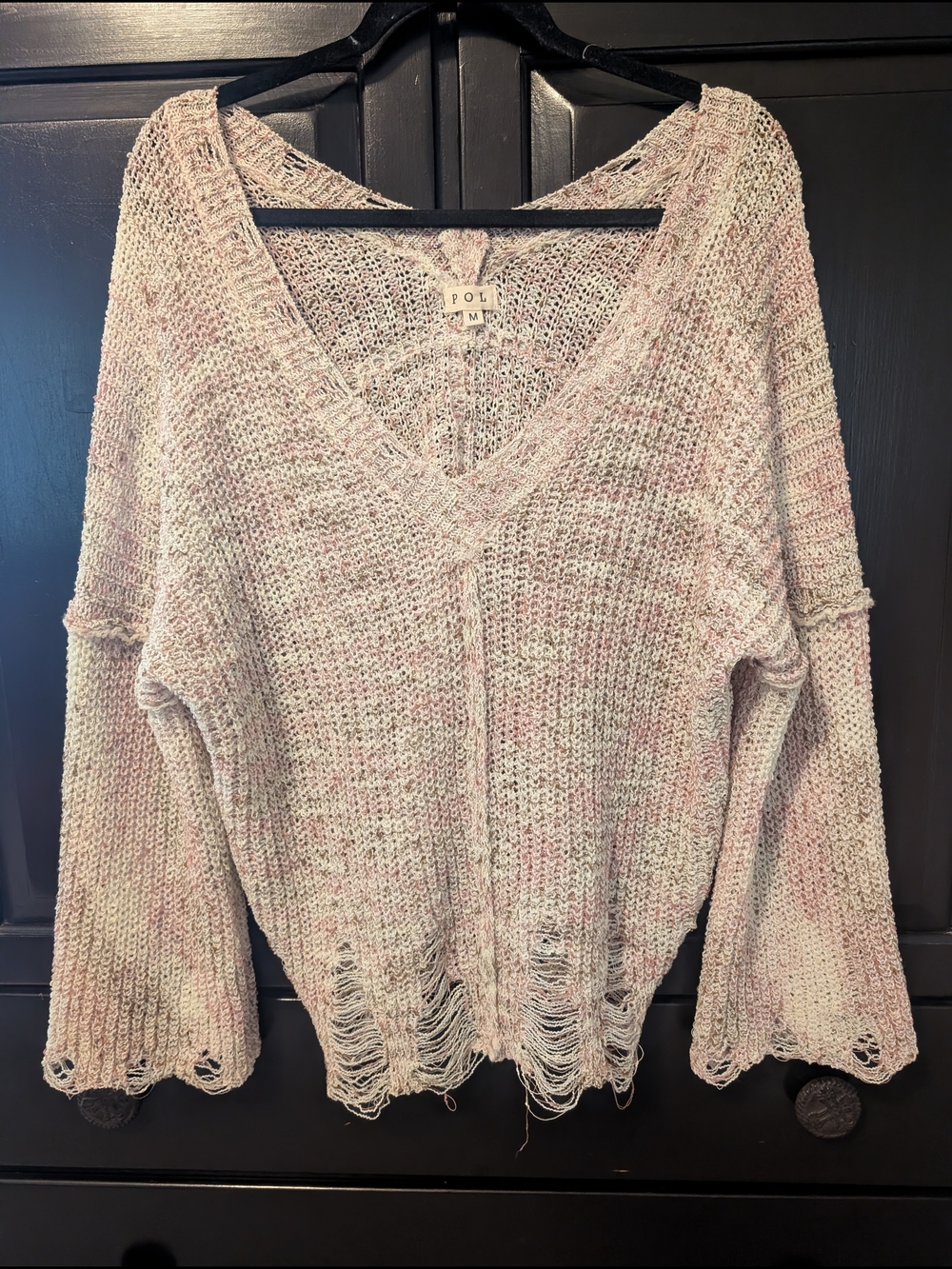 POL Distressed Open-Knit V-Neck Sweater in Pale Pink